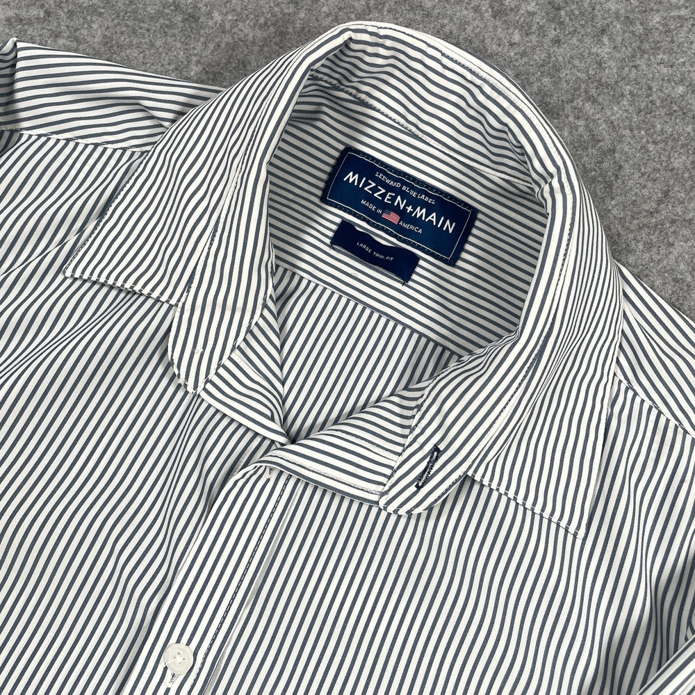 Mizzen+Main Mens Button Up Shirt L Blue White Striped Leeward Trim Fit